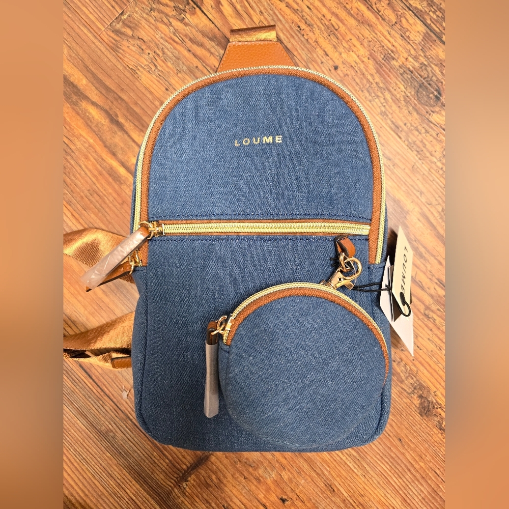 crossbody bag loume nwt demin brown mini goldtone accents cool classy vacay